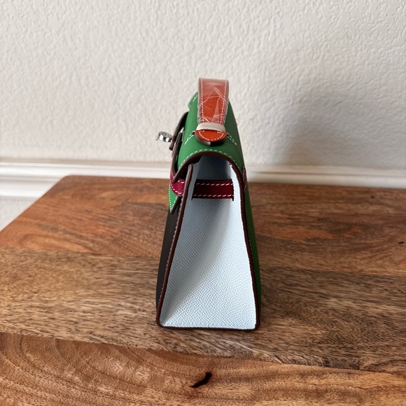 LEATHER INSIDE & OUT Black Red Green Colorblock Epsom 22 KL Pochette Bag S16 - Picture 6 of 13